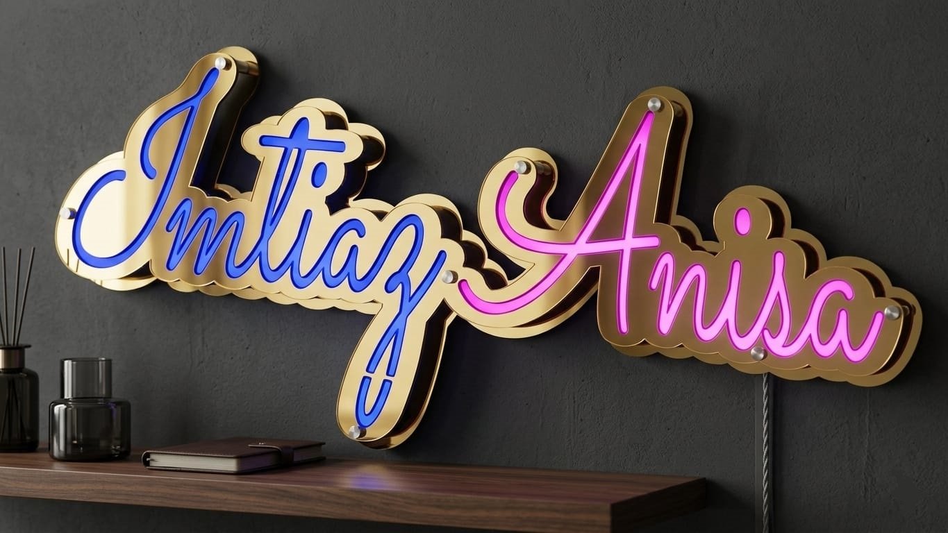 Customized Golden Mirror Acrylic Big Size LED Couple Lamp – Personalized Name Lamp