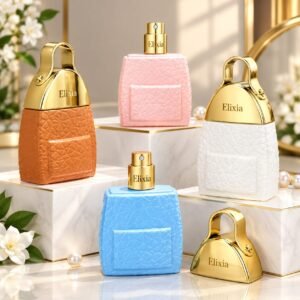 Elixia luxury perfume for women in pink orange white and blue bottles